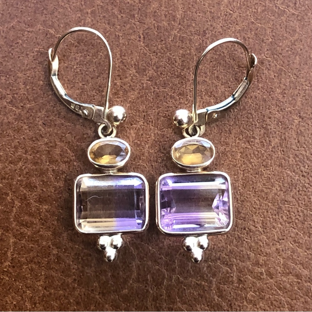 14k Yellow Gold Ametrine Citrine Leverback Dangle Earrings
